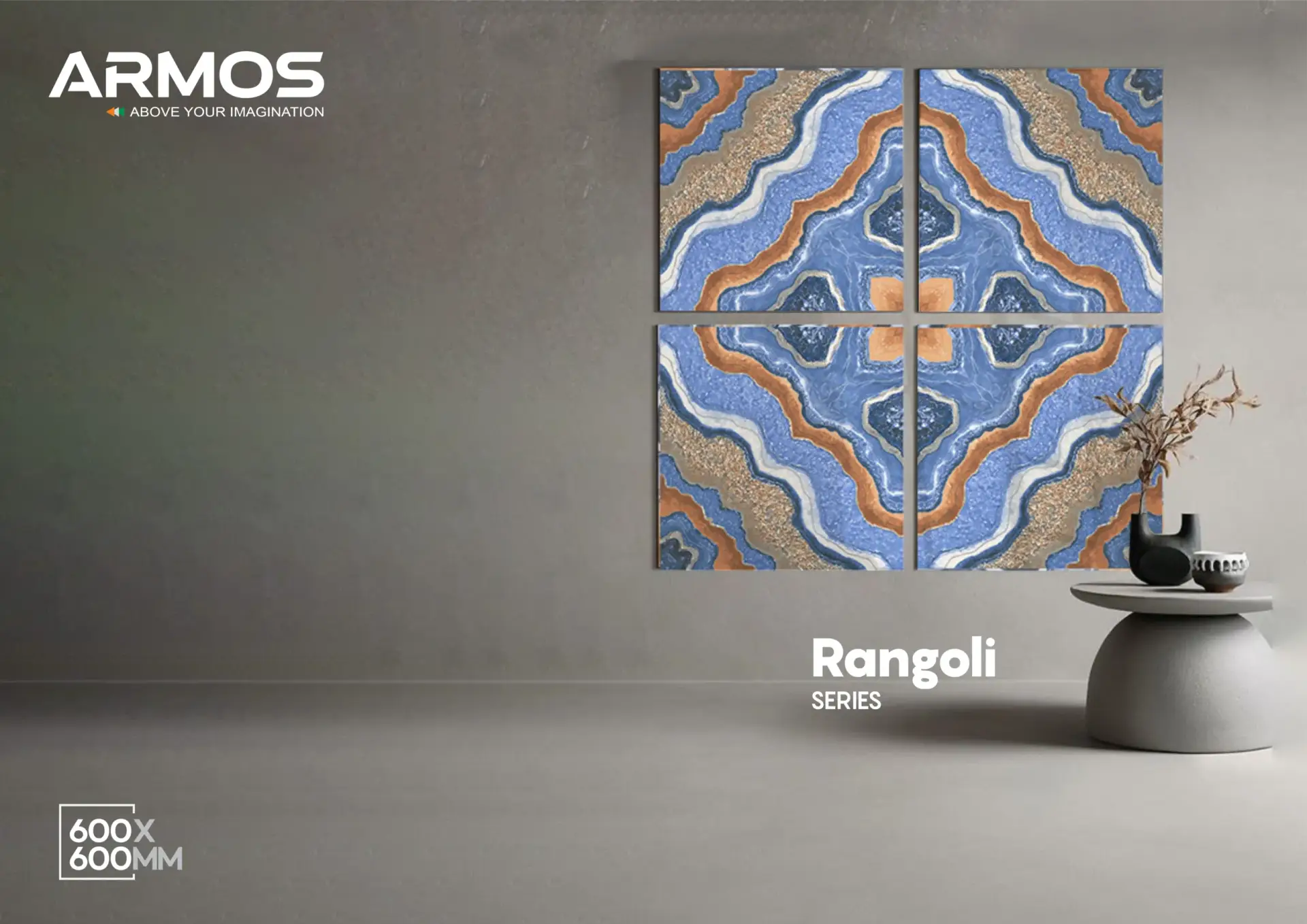 600x600mm glossy porcelain tiles from Rangoli Collection – premium flooring for living rooms, kitchens, and commercial spaces