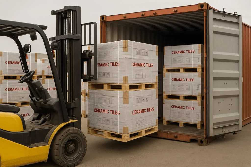 Premium porcelain and ceramic tiles being loaded into a shipping container by Armos for international export