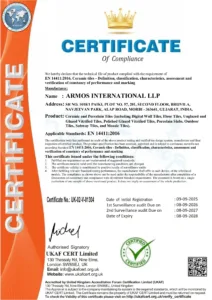 EN 14411:2016 certification for porcelain and ceramic tiles by Armos International